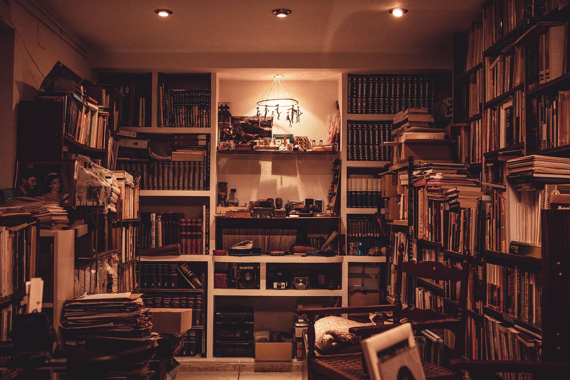 A warmly lit private library